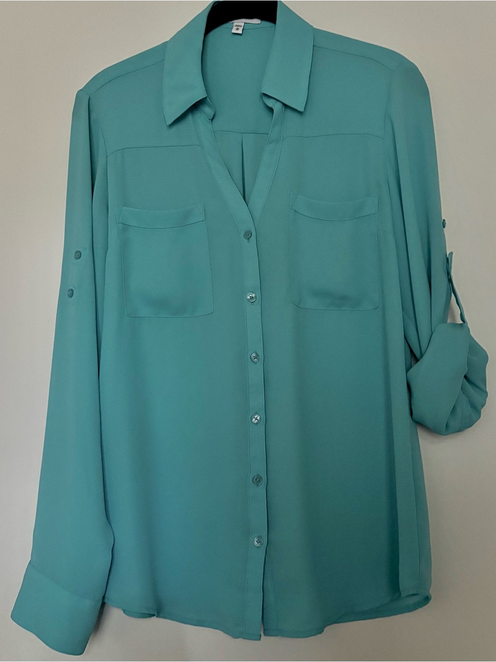 Express The Portofino Sz Medium Shirt Roll Tab Long Sleeve Blue Pockets Collar - Picture 2 of 5